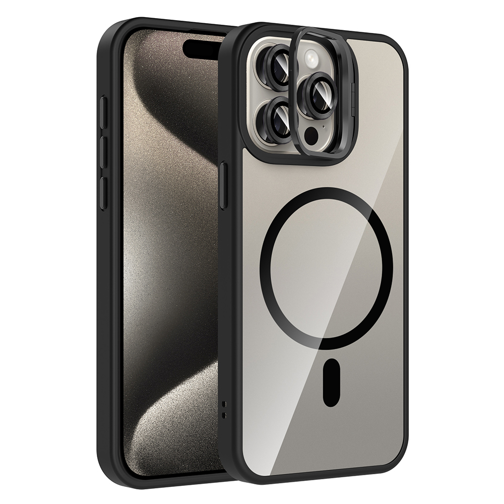 [RNZ-TA120083] Apple iPhone 15 Pro Max Uyumlu Kılıf Standlı ve Kamera Lens Hediyeli M-Safe Şarj Özellikli Zore Etro Kapak (Siyah)