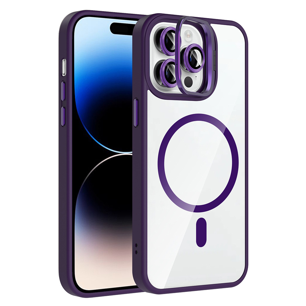 Apple iPhone 14 Pro Max Uyumlu Kılıf Standlı ve Kamera Lens Hediyeli M-Safe Şarj Özellikli Zore Etro Kapak