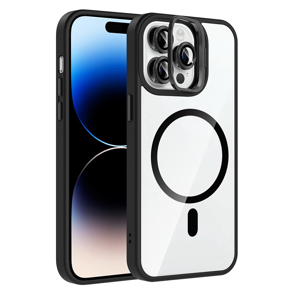 [RNZ-TA120065] Apple iPhone 14 Pro Max Uyumlu Kılıf Standlı ve Kamera Lens Hediyeli M-Safe Şarj Özellikli Zore Etro Kapak (Siyah)