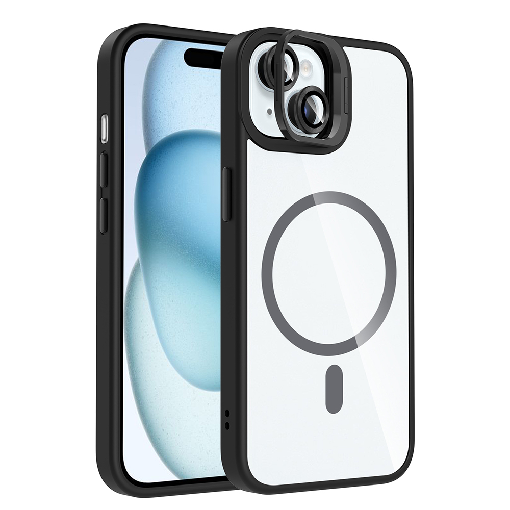 [RNZ-TA120071] Apple iPhone 15 Uyumlu Kılıf Standlı ve Kamera Lens Hediyeli M-Safe Şarj Özellikli Zore Etro Kapak (Siyah)