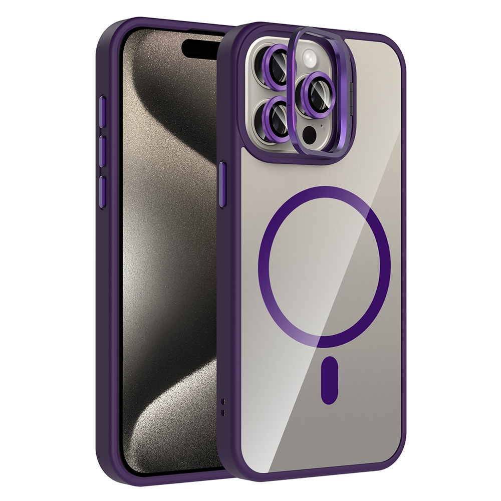 Apple iPhone 15 Pro Uyumlu Kılıf Standlı ve Kamera Lens Hediyeli M-Safe Şarj Özellikli Zore Etro Kapak
