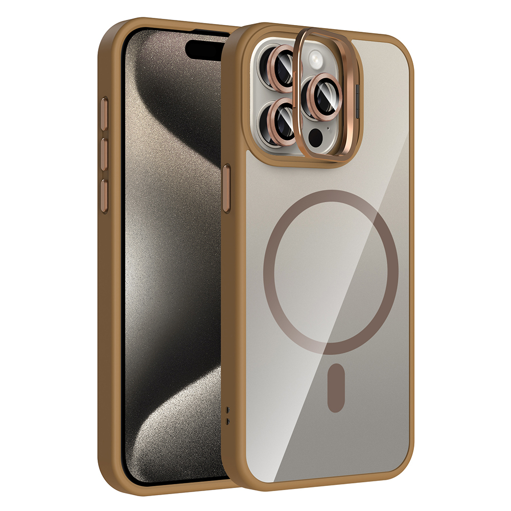 Apple iPhone 15 Pro Uyumlu Kılıf Standlı ve Kamera Lens Hediyeli M-Safe Şarj Özellikli Zore Etro Kapak