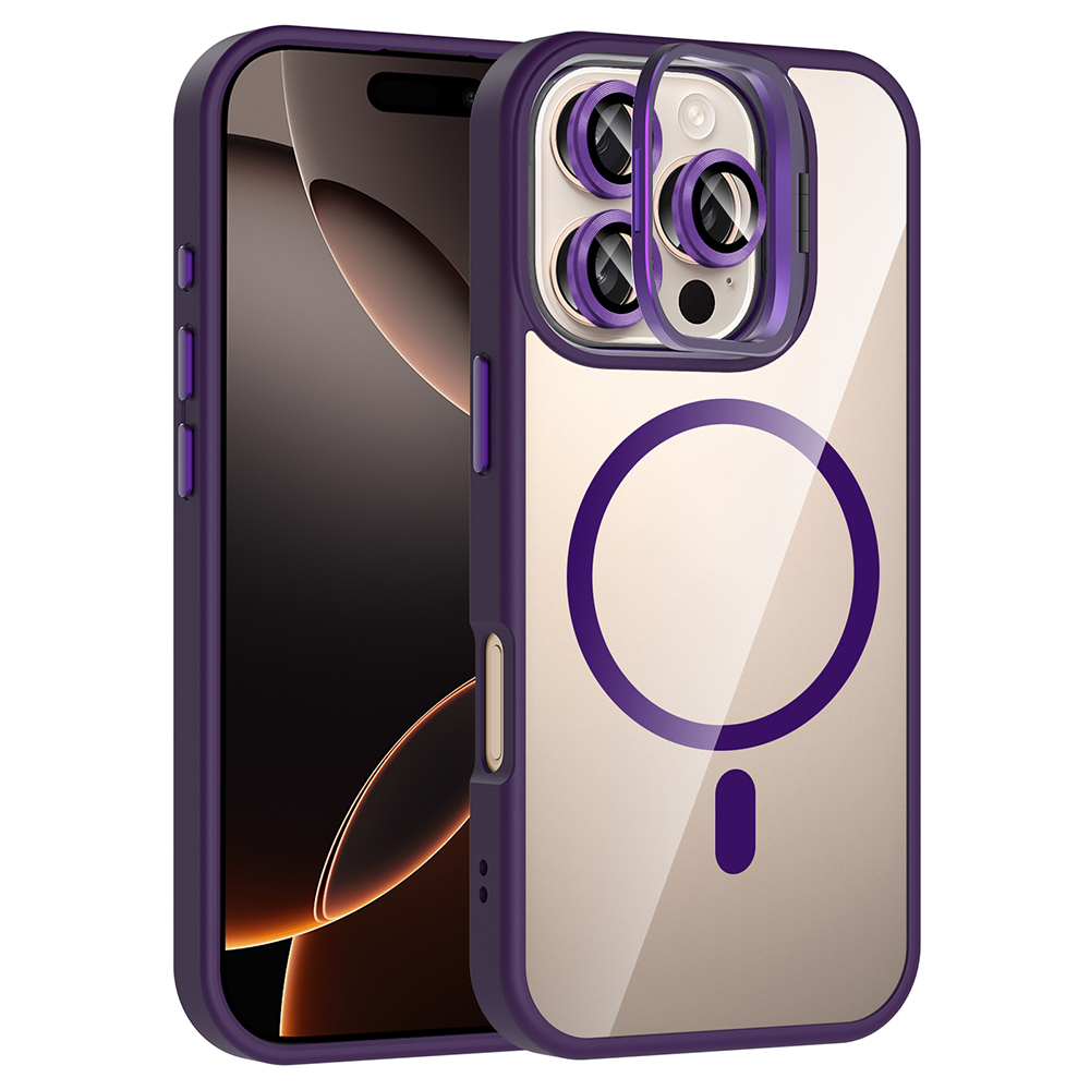 Apple iPhone 16 Pro Uyumlu Kılıf Standlı ve Kamera Lens Hediyeli M-Safe Şarj Özellikli Zore Etro Kapak