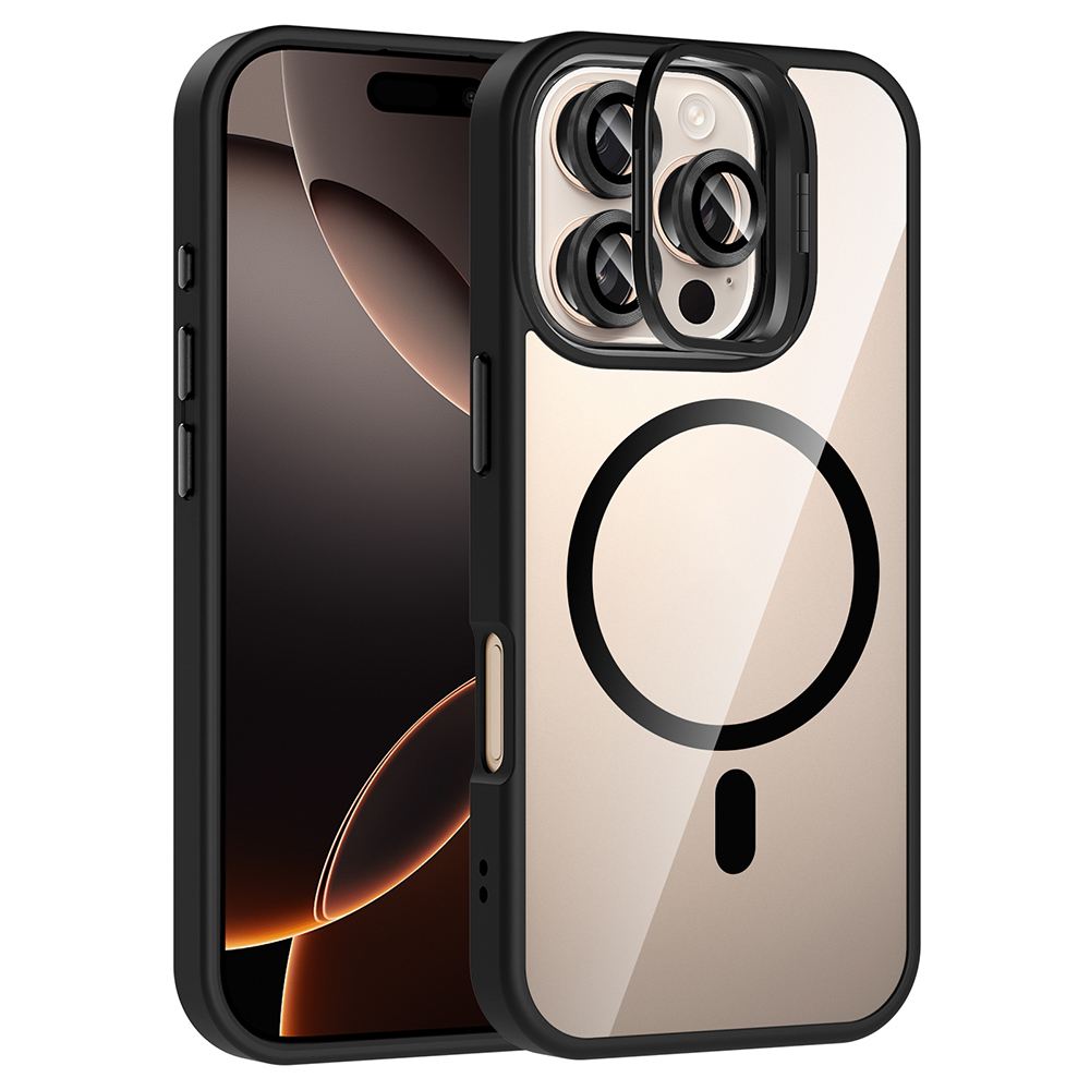 [RNZ-TA120101] Apple iPhone 16 Pro Uyumlu Kılıf Standlı ve Kamera Lens Hediyeli M-Safe Şarj Özellikli Zore Etro Kapak (Siyah)