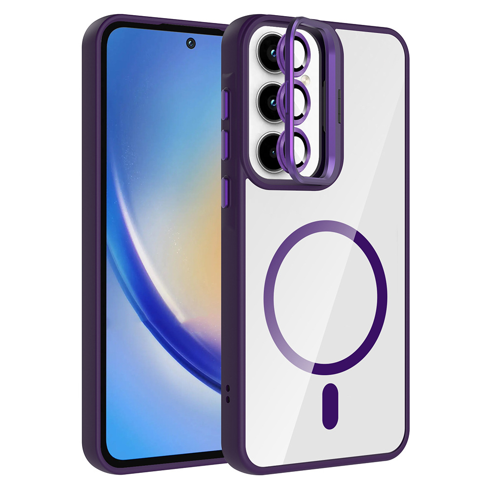 Samsung Galaxy A55 Uyumlu Kılıf Standlı ve Kamera Lens Hediyeli M-Safe Şarj Özellikli Zore Etro Kapak