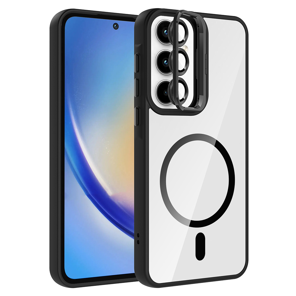 [RNZ-TA120149] Samsung Galaxy A55 Uyumlu Kılıf Standlı ve Kamera Lens Hediyeli M-Safe Şarj Özellikli Zore Etro Kapak (Siyah)