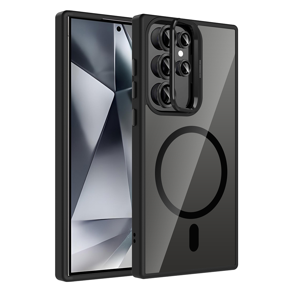 [RNZ-TA120185] Samsung Galaxy S24 Ultra Uyumlu Kılıf Standlı ve Kamera Lens Hediyeli M-Safe Şarj Özellikli Zore Etro Kapak (Siyah)