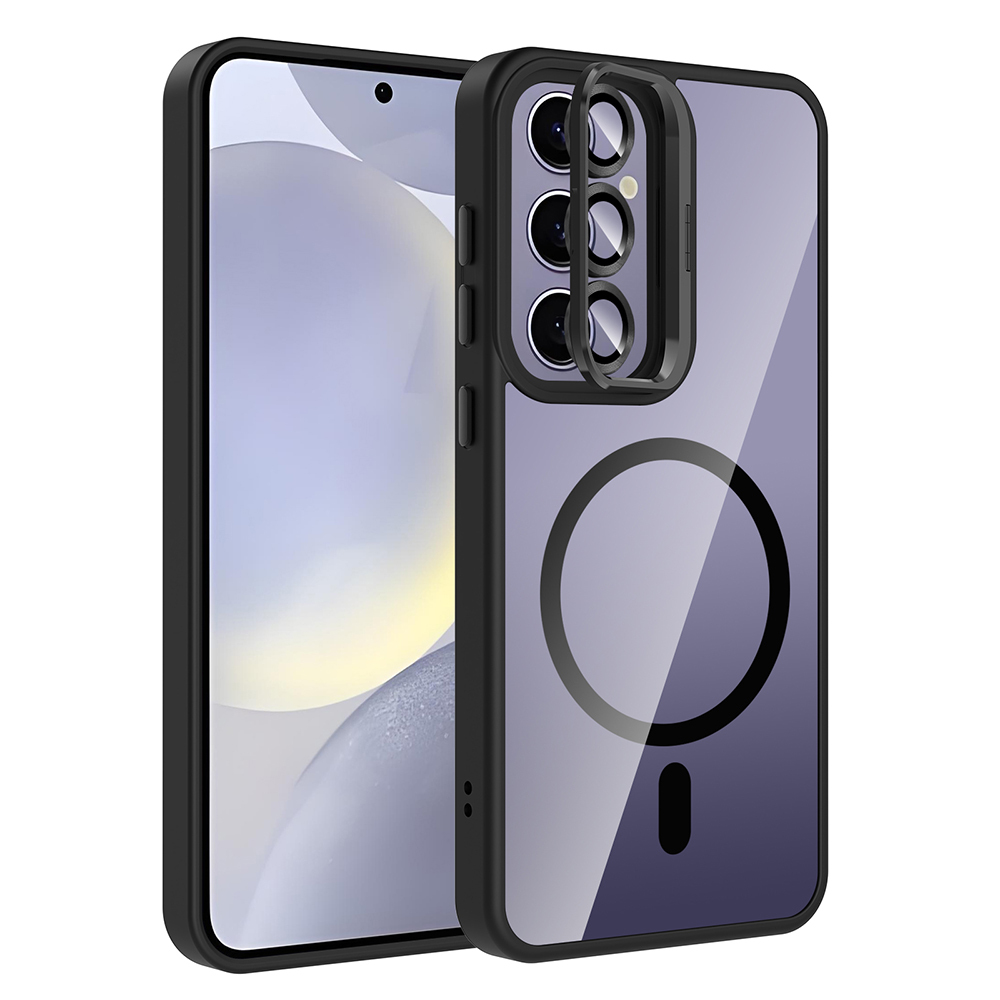 [RNZ-TA120197] Samsung Galaxy S25 Plus Uyumlu Kılıf Standlı ve Kamera Lens Hediyeli M-Safe Şarj Özellikli Zore Etro Kapak (Siyah)