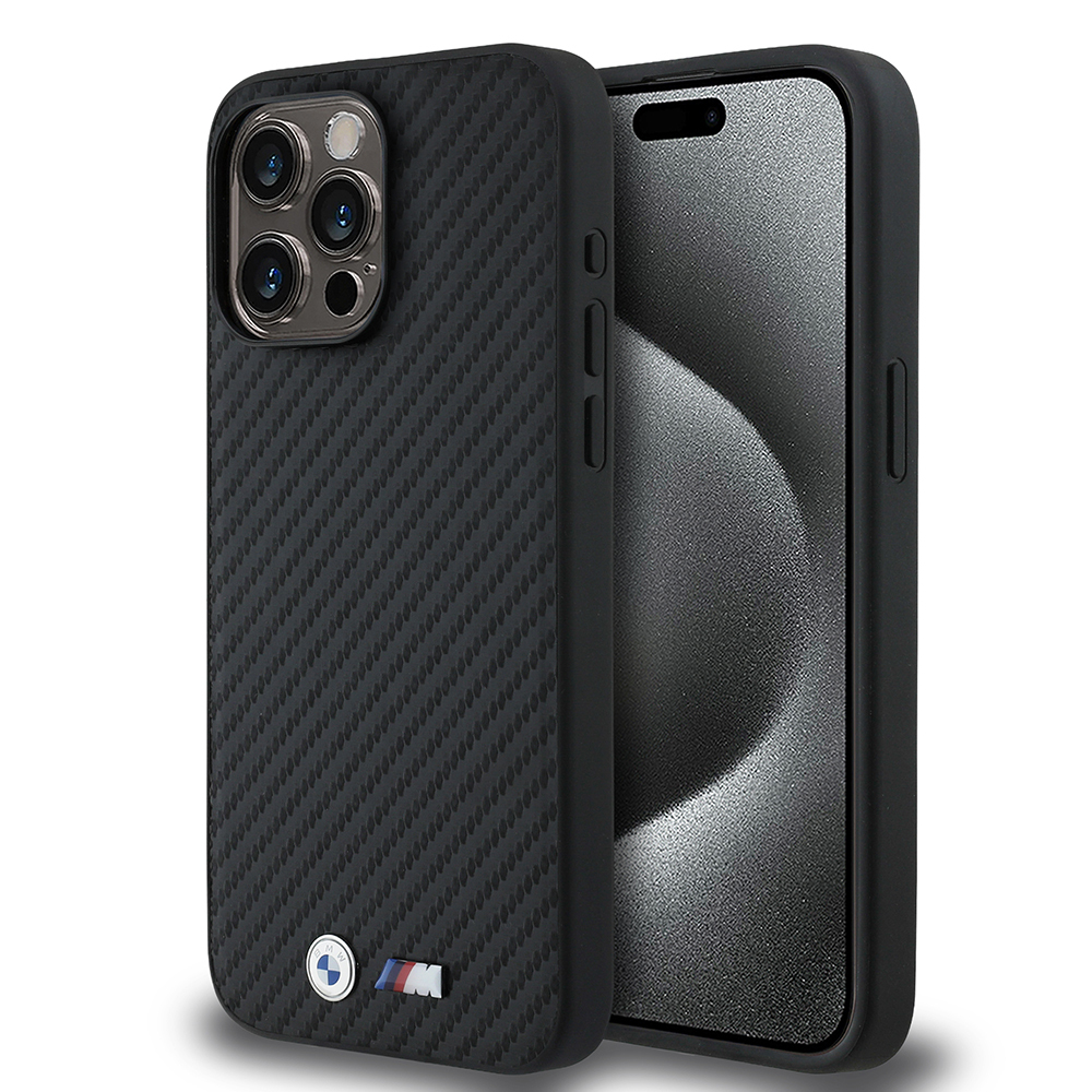 Apple iPhone 15 Pro Max Uyumlu Kılıf BMW Orjinal Lisanslı Karbon Fiber Tasarımlı ve Metal Logolu PU Deri Kapak
