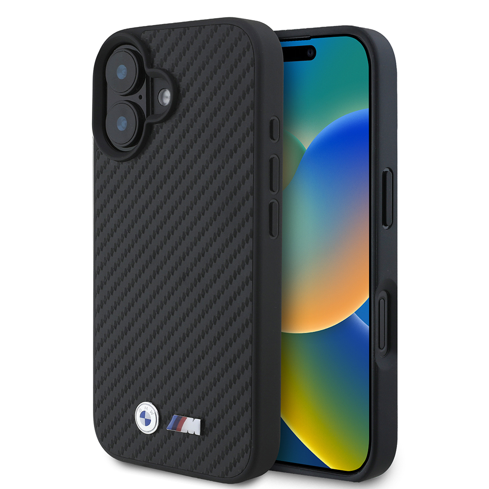 Apple iPhone 16 Uyumlu Kılıf BMW Orjinal Lisanslı Karbon Fiber Tasarımlı ve Metal Logolu PU Deri Kapak