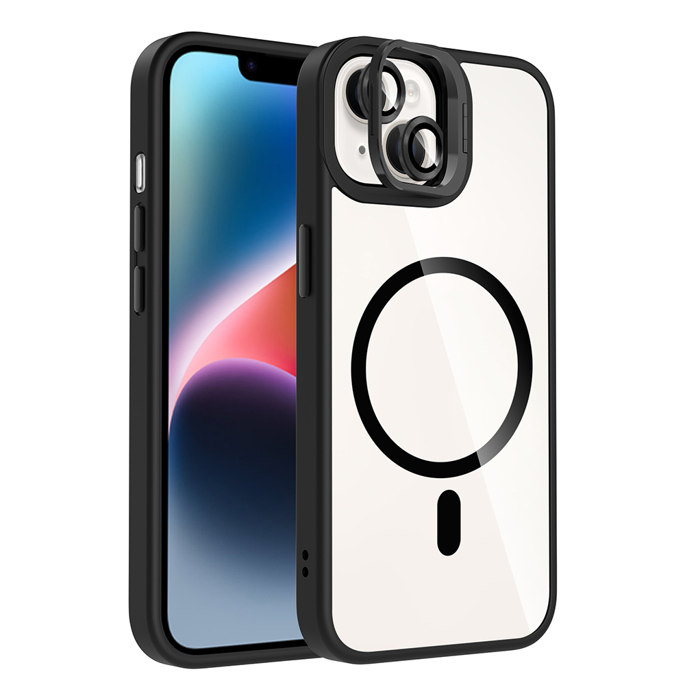 [RNZ-TA120053] Apple iPhone 13 Uyumlu Kılıf Standlı ve Kamera Lens Hediyeli M-Safe Şarj Özellikli Zore Etro Kapak (Siyah)
