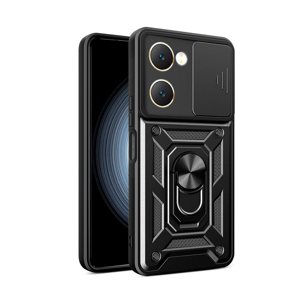 [RNZ-TA122257] Vivo Y18 Uyumlu Kılıf Magnetik Standlı Kamera Korumalı Zore Sürgülü Vega Kapak (Siyah)