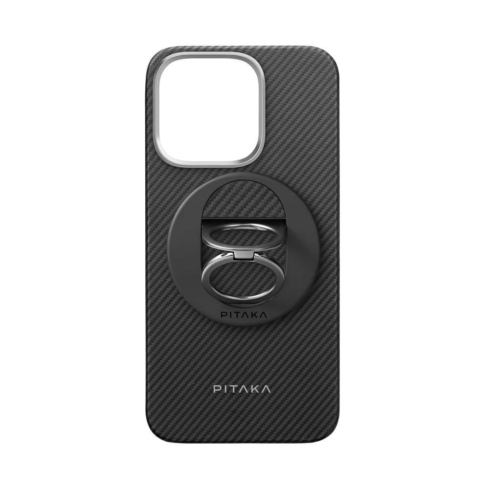 Apple iPhone 16 Pro Uyumlu Kılıf M-safe Şarj Özellikli Grip 3 Standlı 600D Aramid Fiber Pitaka Ultra-Slim Classic Serisi Black-Grey Twill Kapak