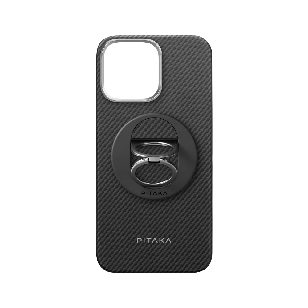 Apple iPhone 16 Pro Max Uyumlu Kılıf M-safe Şarj Özellikli Grip 3 Standlı 600D Aramid Fiber Pitaka Ultra-Slim Classic Serisi Black-Grey Twill Kapak