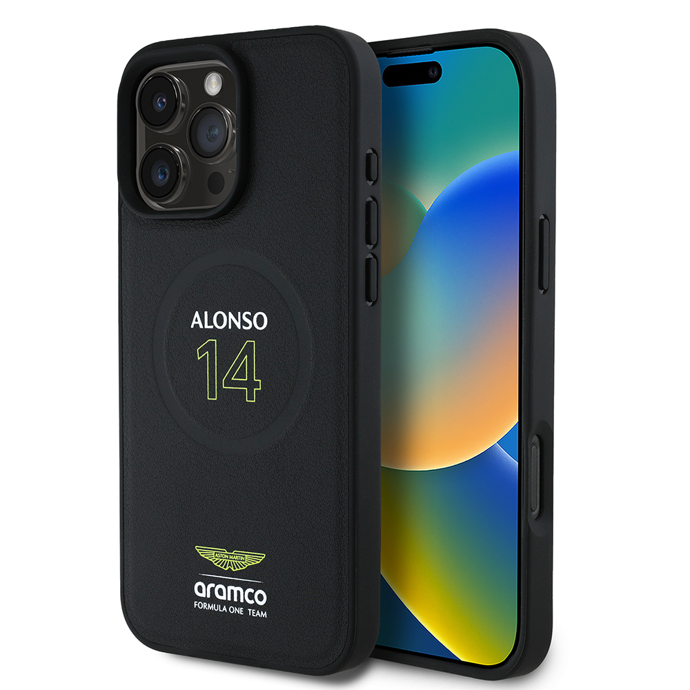 Apple iPhone 16 Pro Uyumlu Kılıf Aston Martin Orjinal Lisanslı M-safe Şarj Özellikli PU Deri Alonso 14 Baskılı Kapak