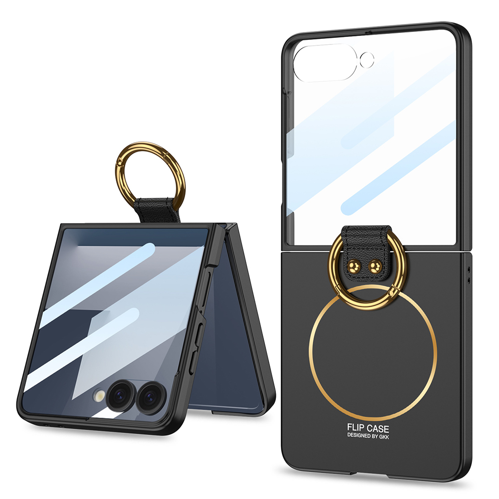 [RNZ-TA123100] Samsung Galaxy Z Flip 7 Uyumlu Kılıf M-safe Şarj Özellikli Zore Kıpta Yüzüklü Flip Sert Kapak (Siyah)