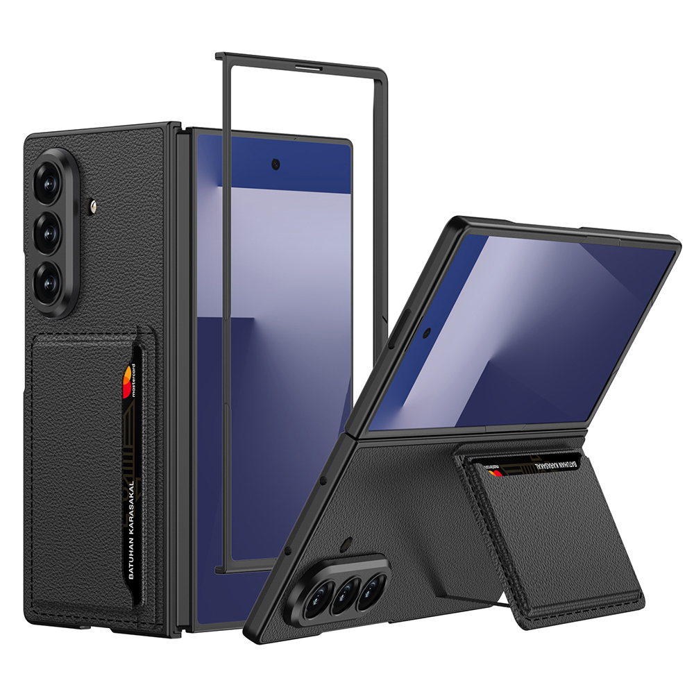 [RNZ-TA123087] Samsung Galaxy Z Fold 7 Uyumlu Suni Deri Arka Yüzey Zore Kartlıklı Kıpta Silikon Kapak (Siyah)