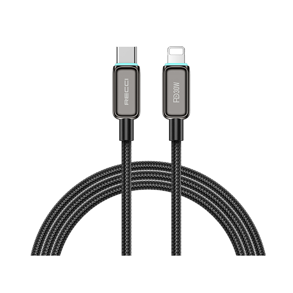 [RNZ-TA121561] Recci RS42CL Lamp Display Serisi Type-C to Lightning PD 30W Hızlı Şarj Özellikli Data ve Şarj Kablosu 1.5M (Siyah)