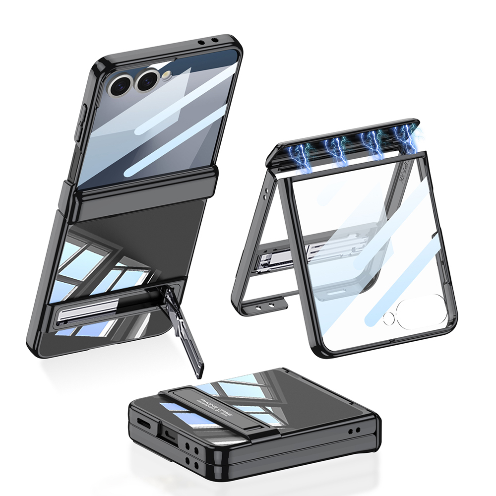 [RNZ-TA123302] Samsung Galaxy Z Flip 7 Uyumlu Kılıf Kamera Korumalı Şeffaf Tasarımlı Zore Lego Standlı Kapak (Siyah)