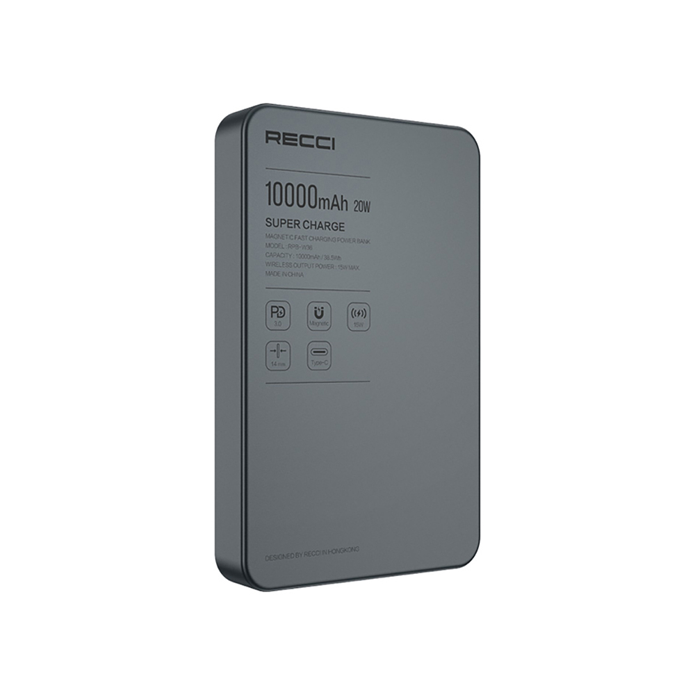 [RNZ-TA127383] Recci RPB-W36 Ultra İnce PD 20W Hızlı Şarj Özellikli Wireless Powerbank 15W 10000mAh (Gri)