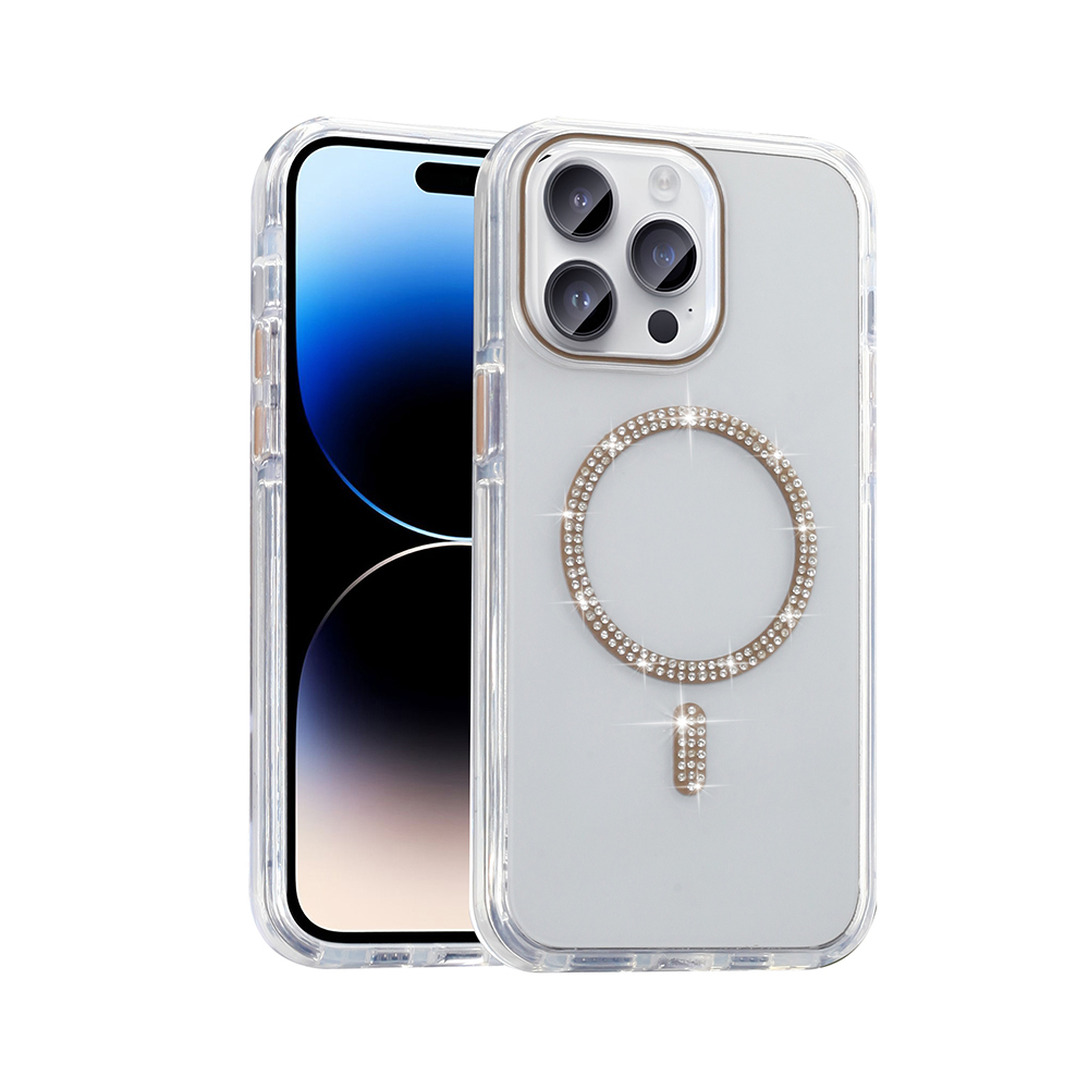 [RNZ-TA121641] Apple iPhone 14 Pro Max Uyumlu Kılıf Taşlı Tasarım M-safe Şarj Özellikli Zore Koment Silikon Kapak (Gold)