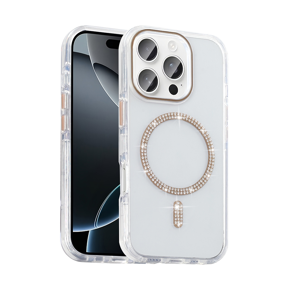 [RNZ-TA121655] Apple iPhone 16 Pro Uyumlu Kılıf Taşlı Tasarım M-safe Şarj Özellikli Zore Koment Silikon Kapak (Gold)