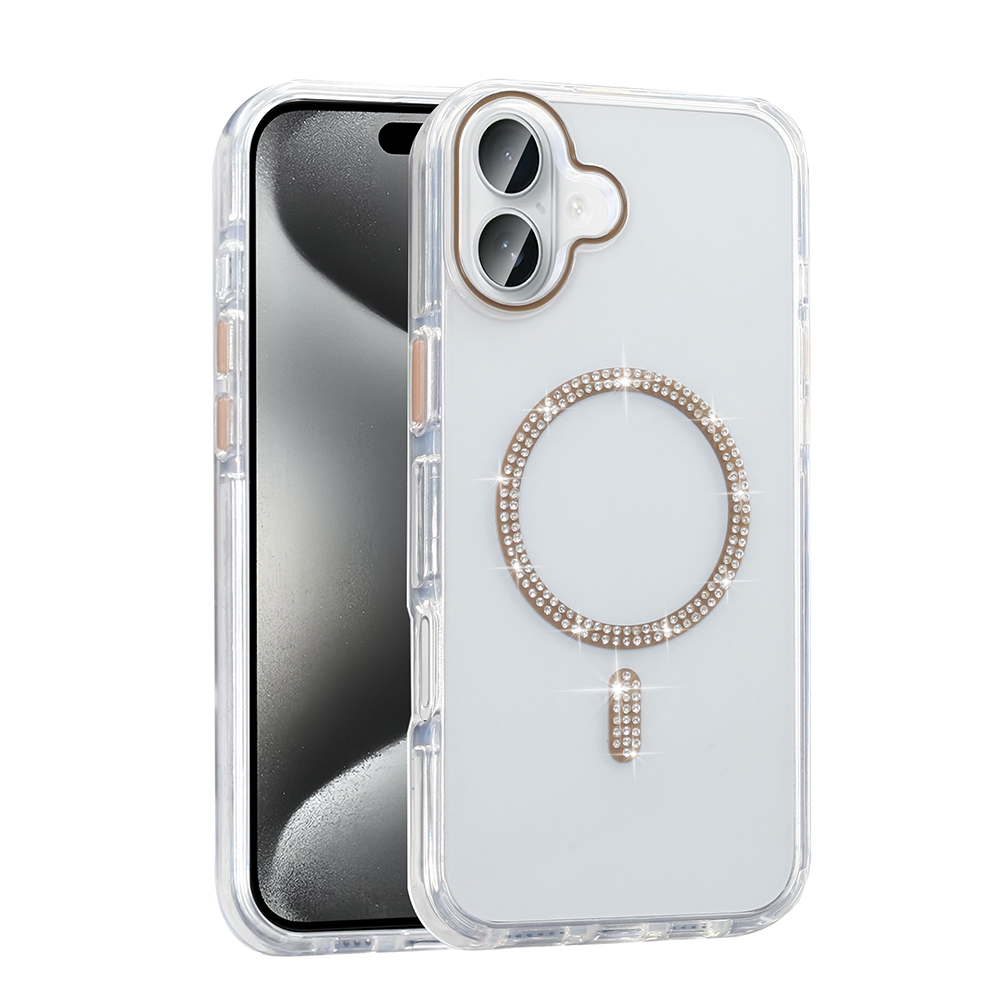 [RNZ-TA121653] Apple iPhone 16 Plus Uyumlu Kılıf Taşlı Tasarım M-safe Şarj Özellikli Zore Koment Silikon Kapak (Gold)