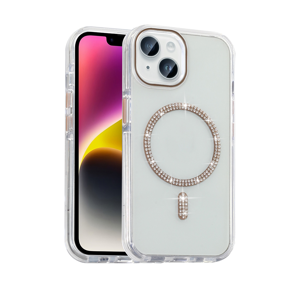 [RNZ-TA121639] Apple iPhone 14 Uyumlu Kılıf Taşlı Tasarım M-safe Şarj Özellikli Zore Koment Silikon Kapak (Gold)
