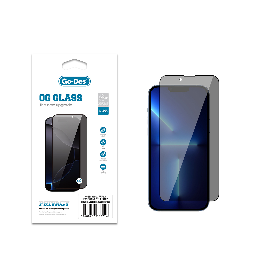 Apple iPhone 14 Plus Uyumlu Go Des OG Glass Privacy Antistatik Temperli Cam Ekran Koruyucu