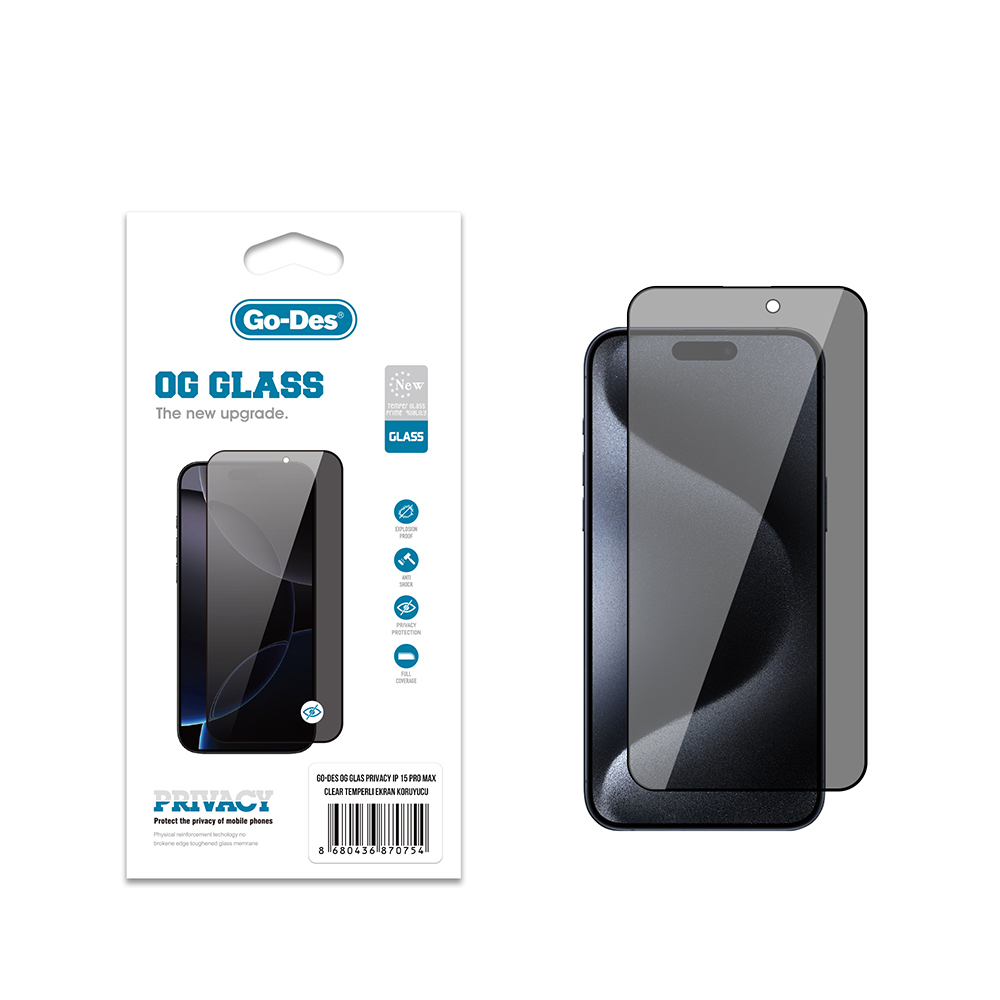 [RNZ-TA121925] Apple iPhone 15 Pro Max Uyumlu Go Des OG Glass Privacy Antistatik Temperli Cam Ekran Koruyucu