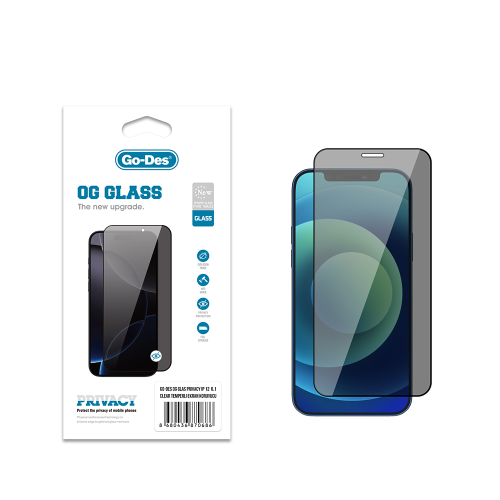 [RNZ-TA121916] Apple iPhone 12 Uyumlu Go Des OG Glass Privacy Antistatik Temperli Cam Ekran Koruyucu