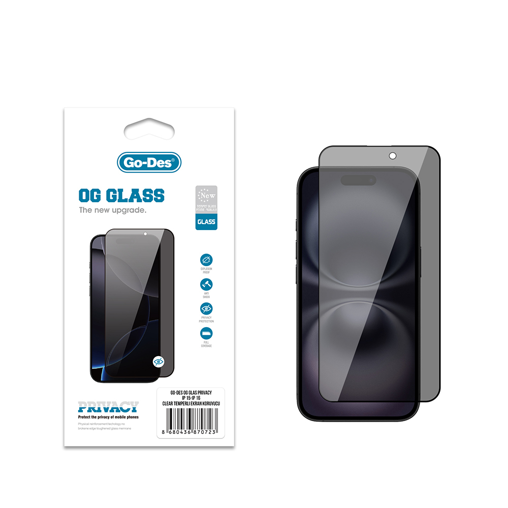 Apple iPhone 15 Uyumlu Go Des OG Glass Privacy Antistatik Temperli Cam Ekran Koruyucu