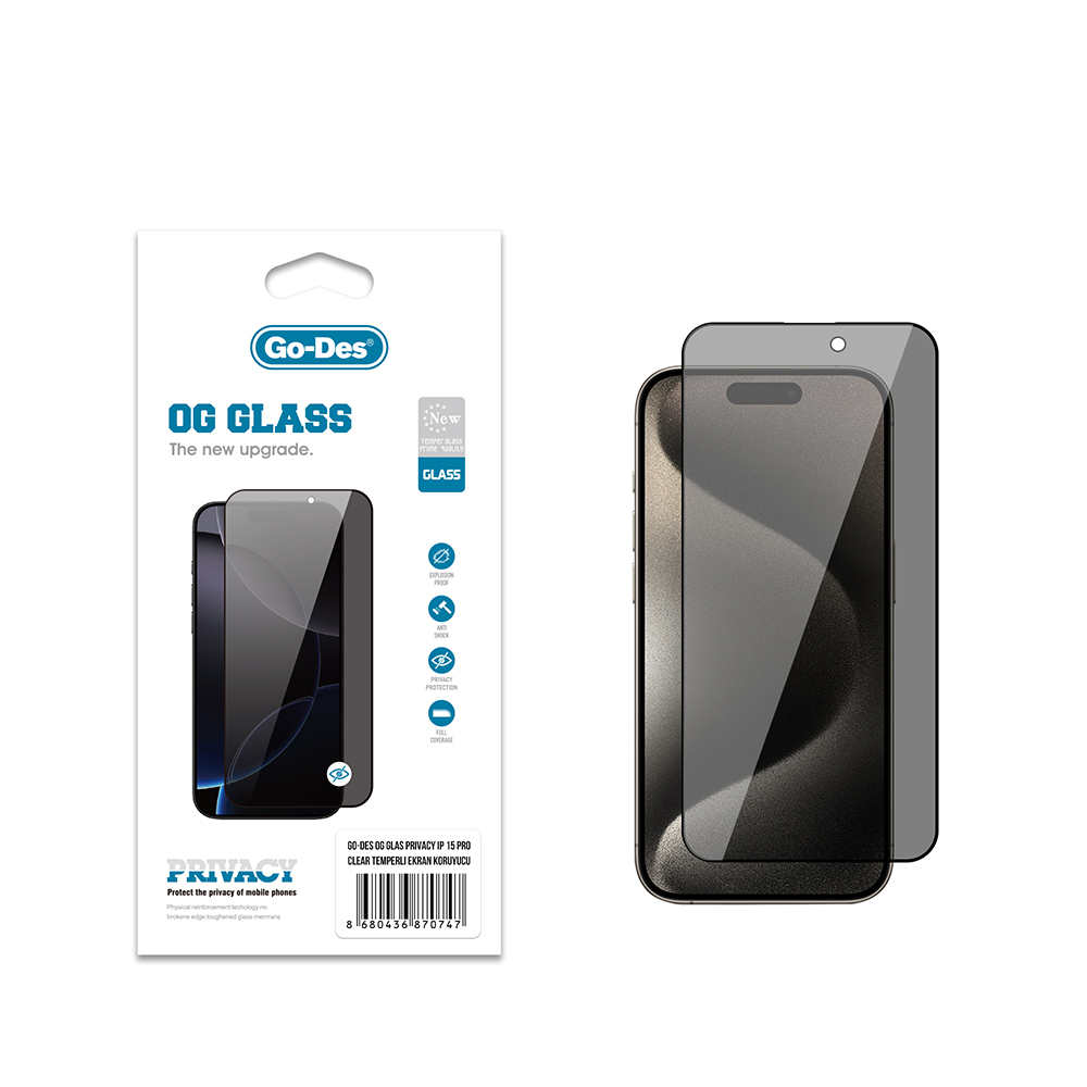 [RNZ-TA121924] Apple iPhone 15 Pro Uyumlu Go Des OG Glass Privacy Antistatik Temperli Cam Ekran Koruyucu