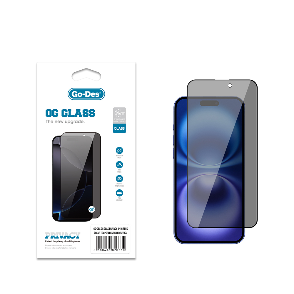 [RNZ-TA121927] Apple iPhone 16 Plus Uyumlu Go Des OG Glass Privacy Antistatik Temperli Cam Ekran Koruyucu