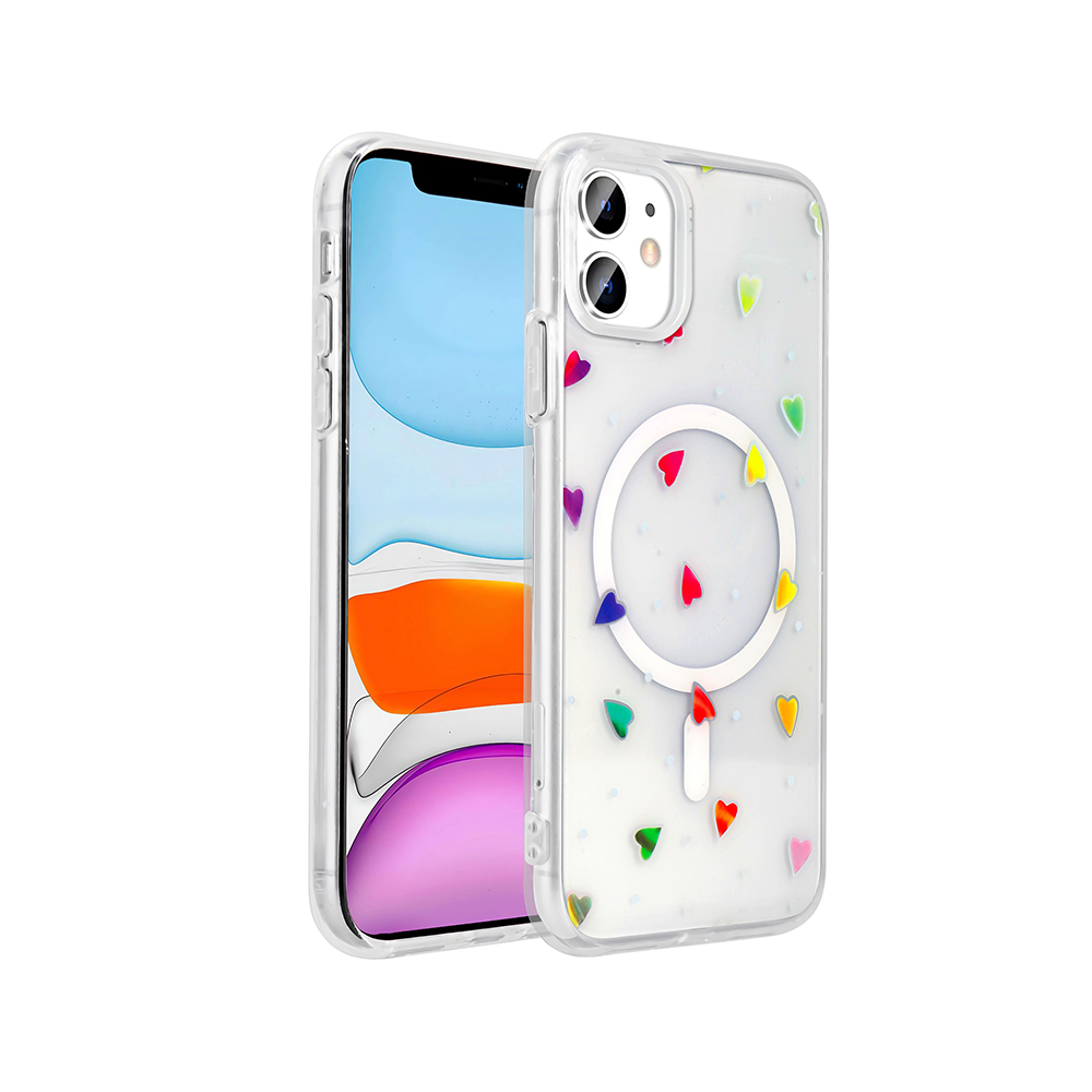 [RNZ-TA122883] Apple iPhone 11 Uyumlu Kılıf M-Safe Şarj Özellikli Şeffaf Zore Folk Sert Kapak (Kalp)