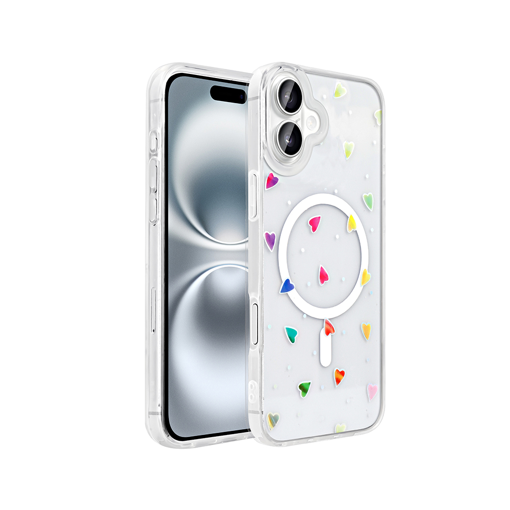[RNZ-TA122928] Apple iPhone 16 Uyumlu Kılıf M-Safe Şarj Özellikli Şeffaf Zore Folk Sert Kapak (Kalp)