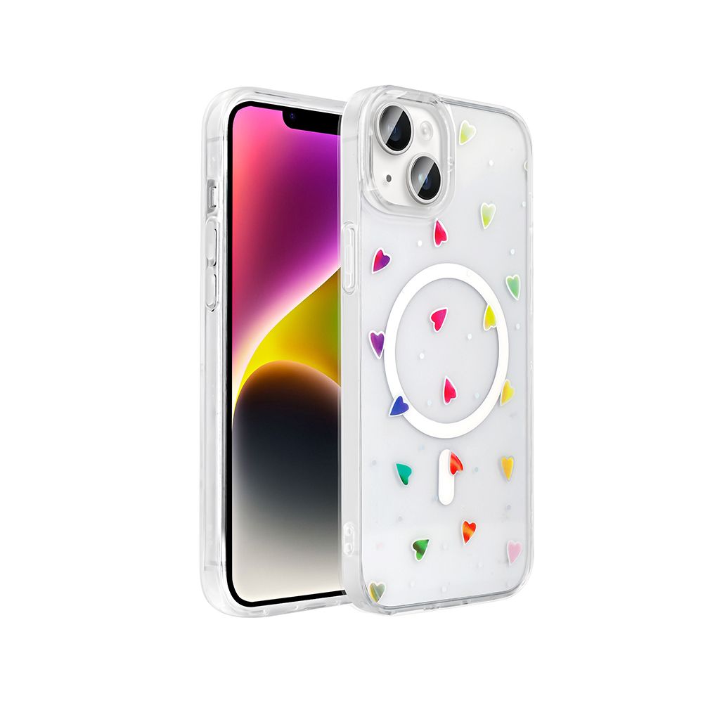 [RNZ-TA122908] Apple iPhone 15 Uyumlu Kılıf M-Safe Şarj Özellikli Şeffaf Zore Folk Sert Kapak (Kalp)