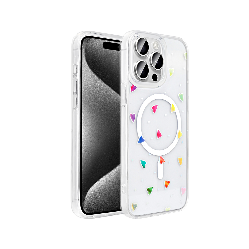 [RNZ-TA122923] Apple iPhone 15 Pro Max Uyumlu Kılıf M-Safe Şarj Özellikli Şeffaf Zore Folk Sert Kapak (Kalp)