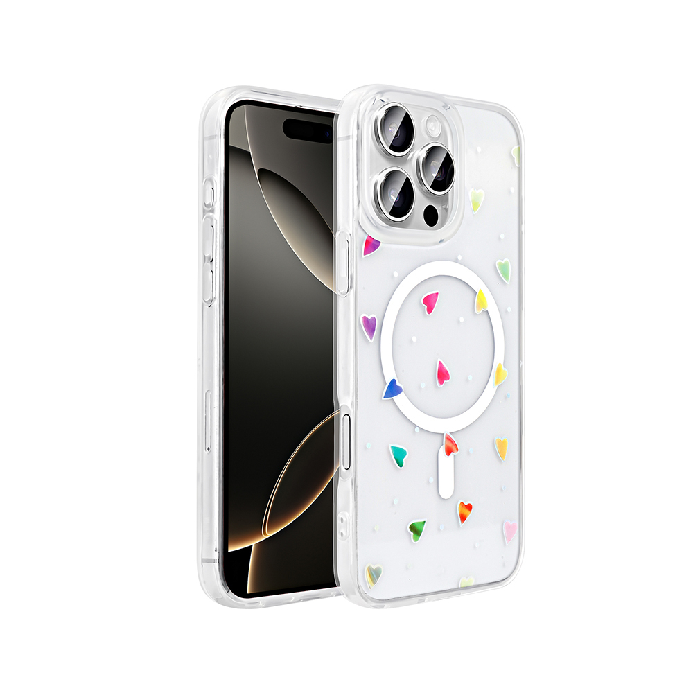 [RNZ-TA122938] Apple iPhone 16 Pro Uyumlu Kılıf M-Safe Şarj Özellikli Şeffaf Zore Folk Sert Kapak (Kalp)