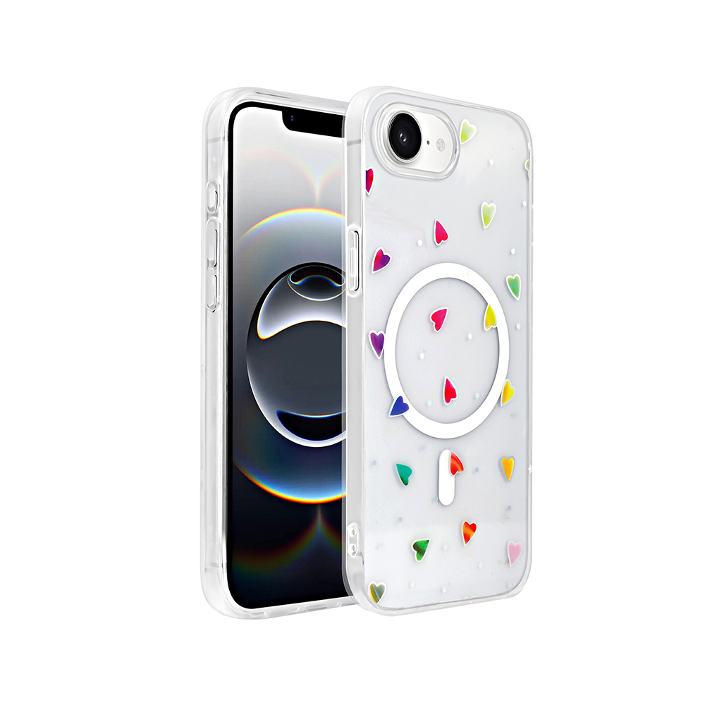 [RNZ-TA122948] Apple iPhone 16E Uyumlu Kılıf M-Safe Şarj Özellikli Şeffaf Zore Folk Sert Kapak (Kalp)