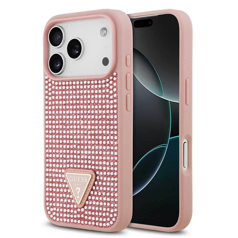 Apple iPhone 17 Pro Uyumlu Kılıf Guess Orjinal Lisanslı Taşlı Arka Yüzey Üçgen Logolu Kapak
