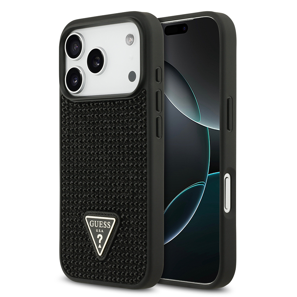 [RNZ-TA123209] Apple iPhone 17 Pro Uyumlu Kılıf Guess Orjinal Lisanslı Taşlı Arka Yüzey Üçgen Logolu Kapak (Siyah)