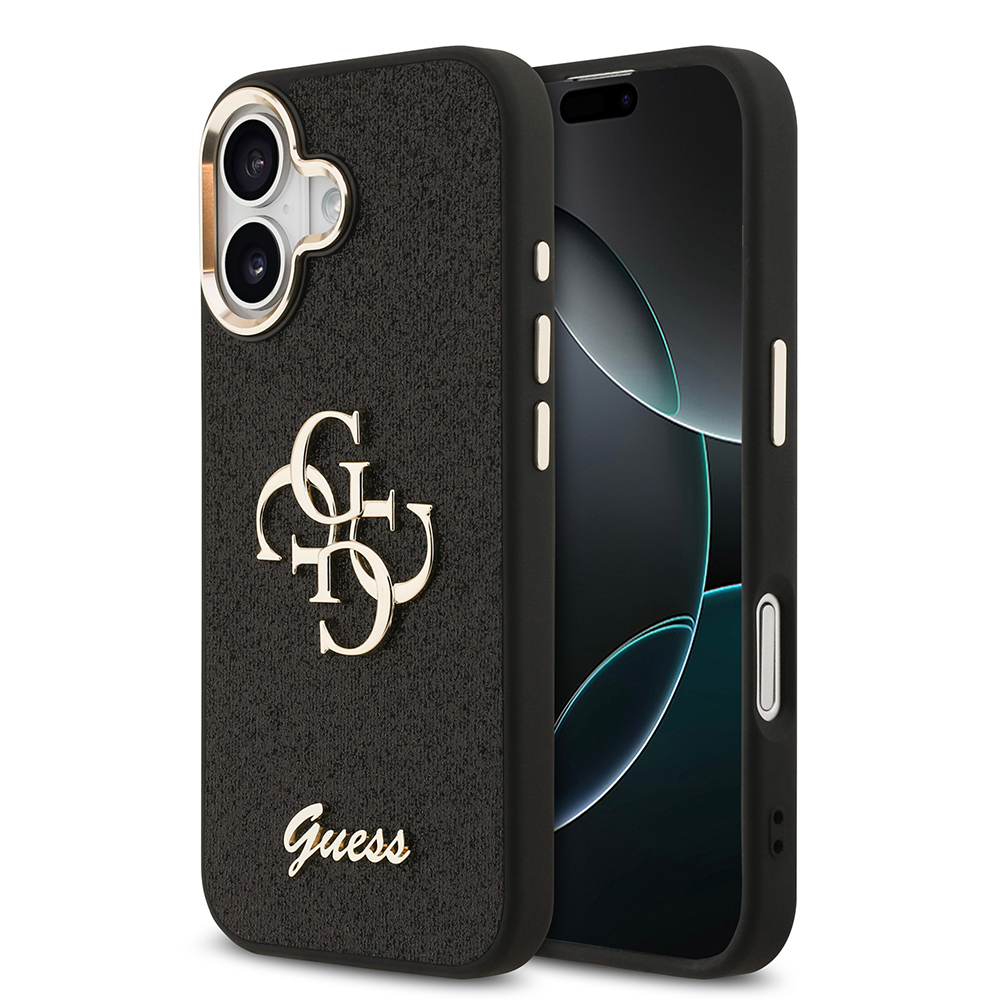 [RNZ-TA123218] Apple iPhone 17 Uyumlu Kılıf Guess Orjinal Lisanslı 4G Büyük Metal Kamera Çerçeveli ve Logolu Glitter Kapak (Siyah)