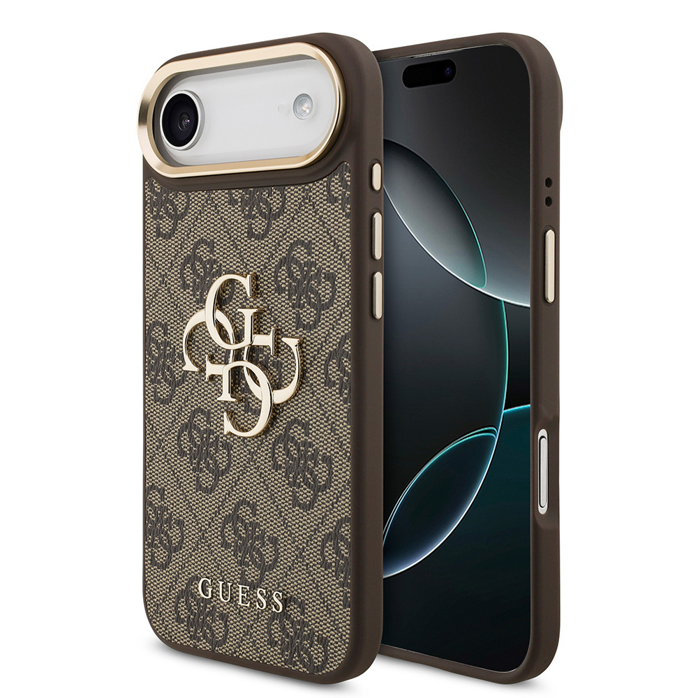 Apple iPhone 17 Air Uyumlu Kılıf Guess Orjinal Lisanslı Gold Metal Kamera Çerçeveli 4G Desenli Metal Büyük 4G ve Yazı Logolu Kapak