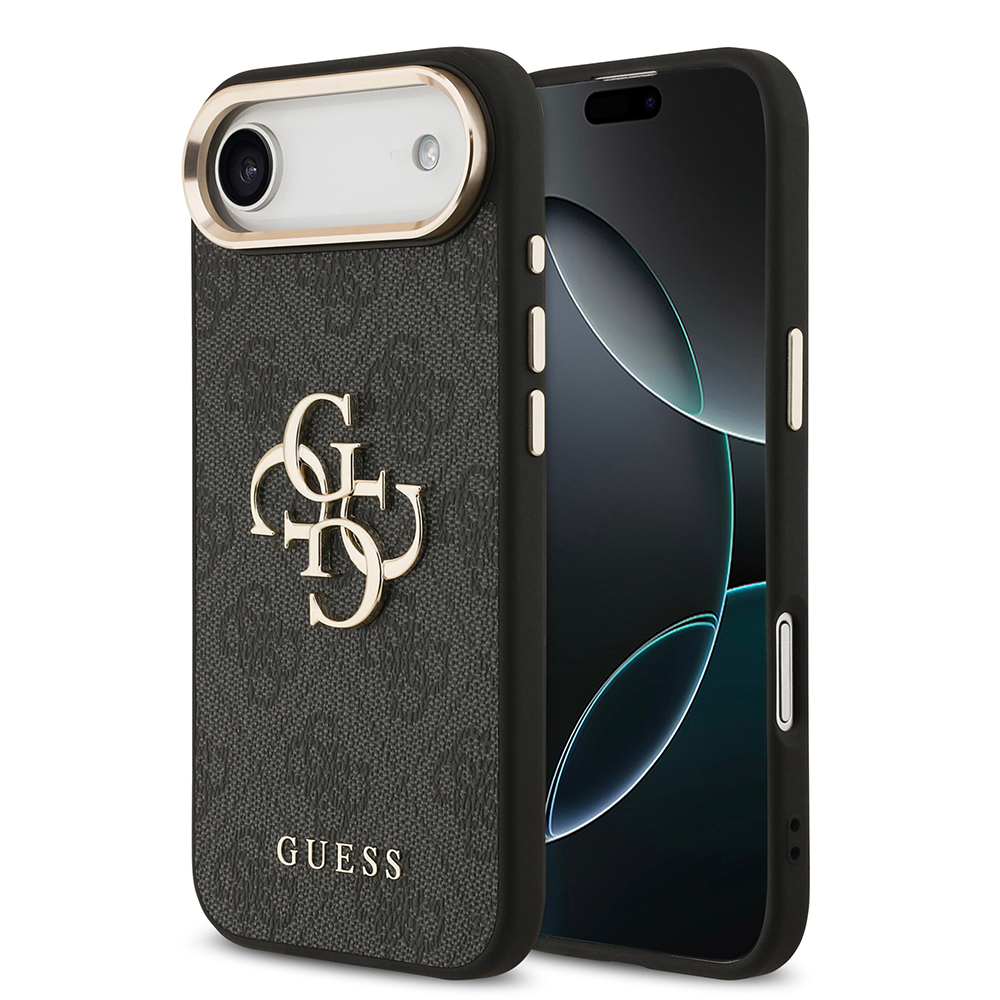 [RNZ-TA123223] Apple iPhone 17 Air Uyumlu Kılıf Guess Orjinal Lisanslı Gold Metal Kamera Çerçeveli 4G Desenli Metal Büyük 4G ve Yazı Logolu Kapak (Siyah)
