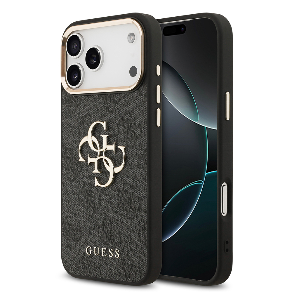 Apple iPhone 17 Pro Max Uyumlu Kılıf Guess Orjinal Lisanslı Gold Metal Kamera Çerçeveli 4G Desenli Metal Büyük 4G ve Yazı Logolu Kapak