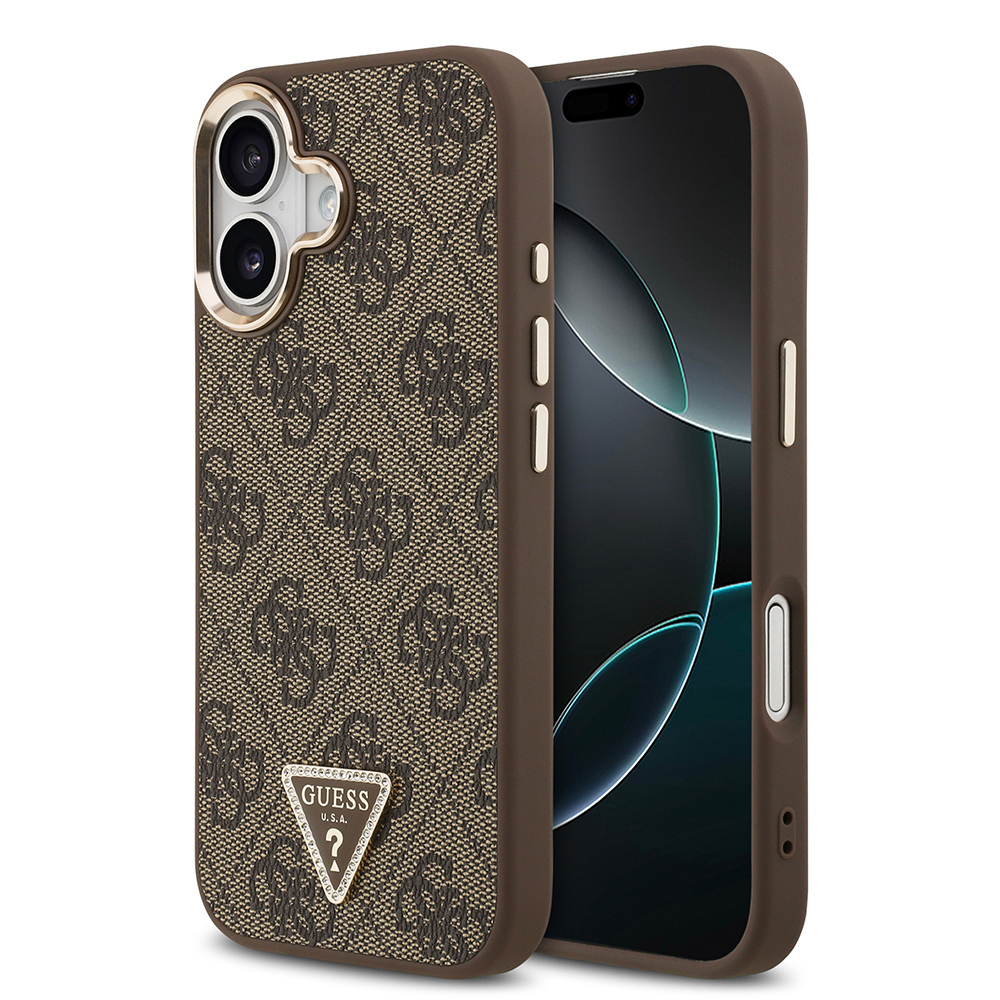 Apple iPhone 17 Uyumlu Kılıf Guess Orjinal Lisanslı M-safe Şarj Özellikli Gold Metal Kamera Çerçeveli Taşlı Üçgen Logo 4G Desenli Kapak