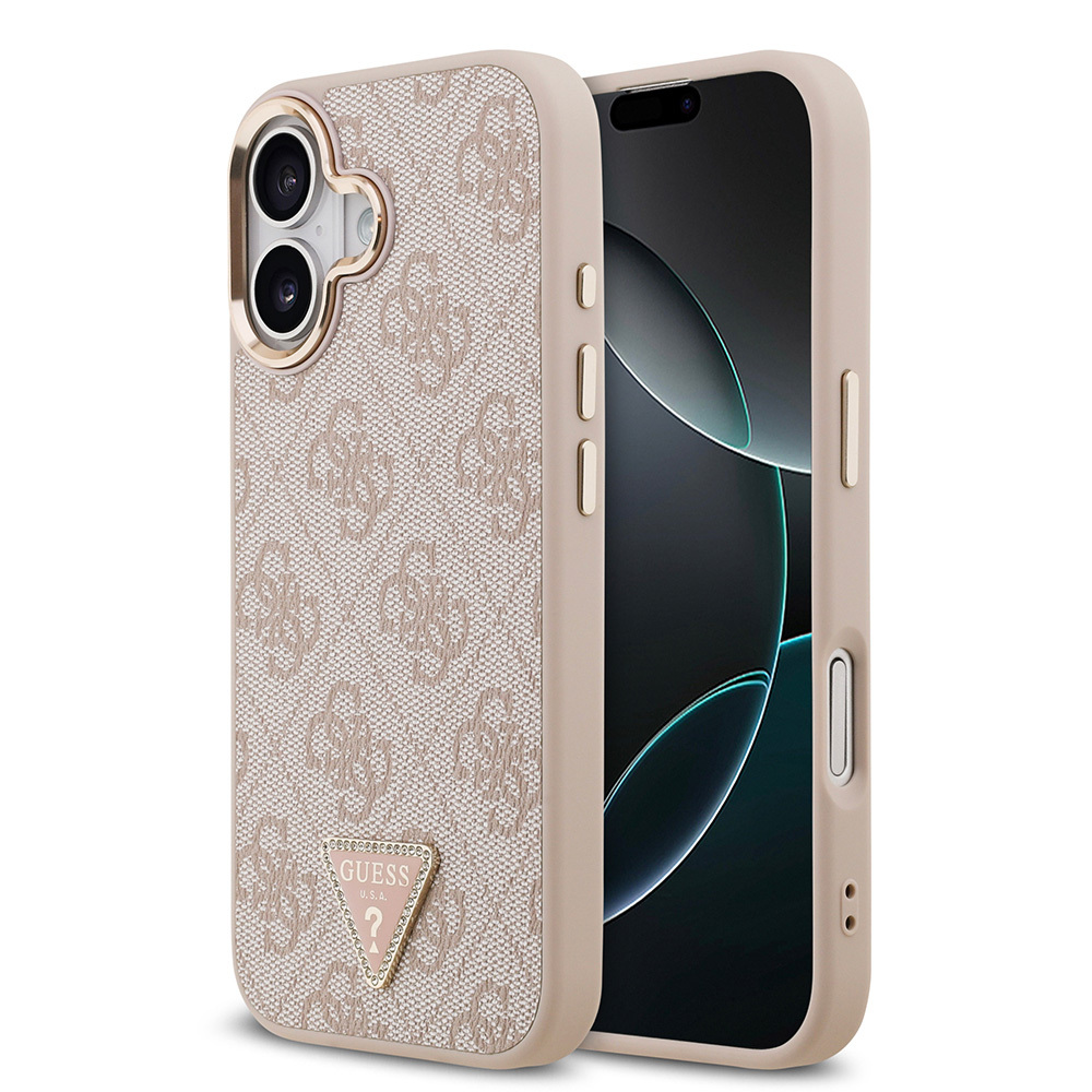 Apple iPhone 17 Uyumlu Kılıf Guess Orjinal Lisanslı M-safe Şarj Özellikli Gold Metal Kamera Çerçeveli Taşlı Üçgen Logo 4G Desenli Kapak