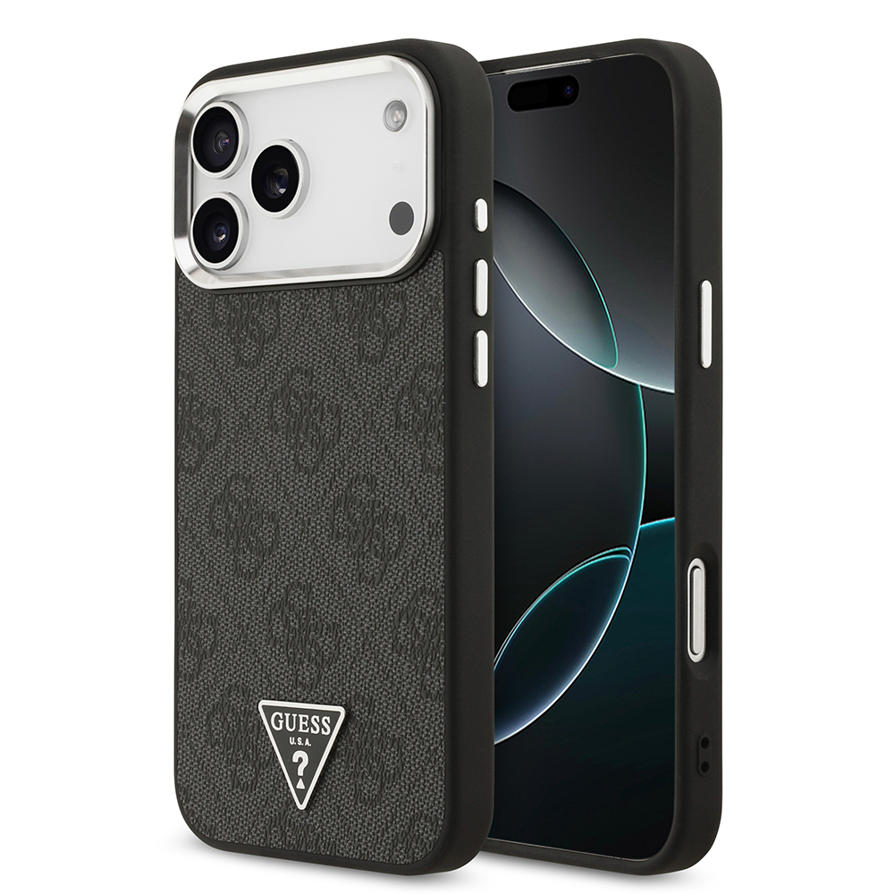 [RNZ-TA123237] Apple iPhone 17 Pro Max Uyumlu Kılıf Guess Orjinal Lisanslı M-safe Şarj Özellikli Gümüş Metal Kamera Çerçeveli Üçgen Logo 4G Desenli Kapak (Siyah)