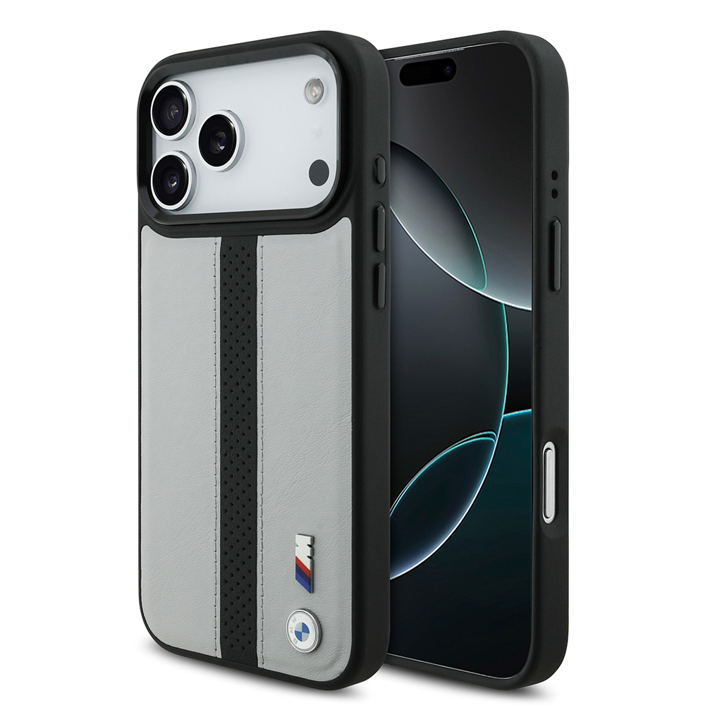 Apple iPhone 17 Pro Max Uyumlu Kılıf BMW Orjinal Lisanslı M-safe Şarj Özellikli Deri Arka Yüzey Metal Logolu Delikli Şerit Tasarımlı Kapak